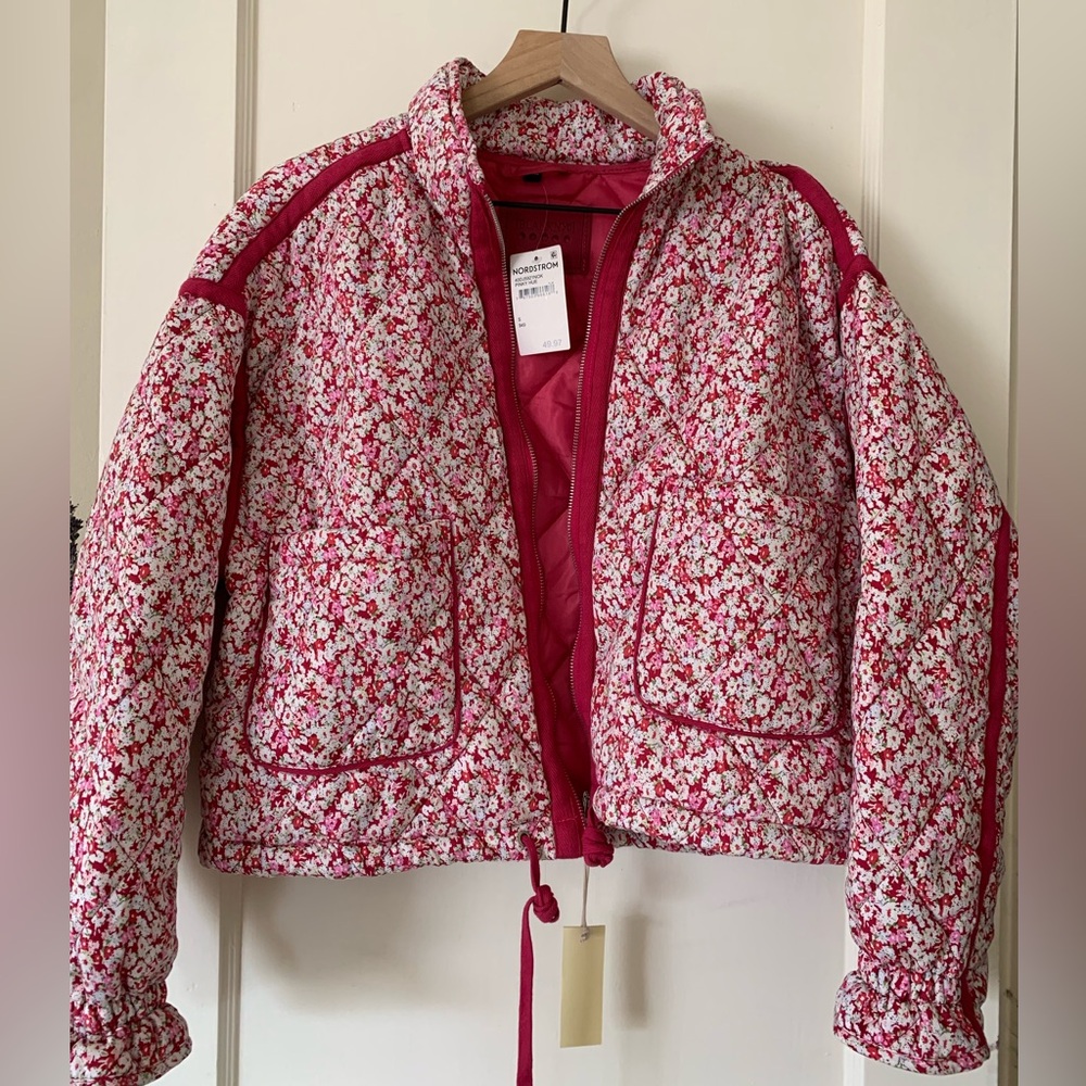 Blank NYC Pink and White Puffer Jacket with Sporty Trim